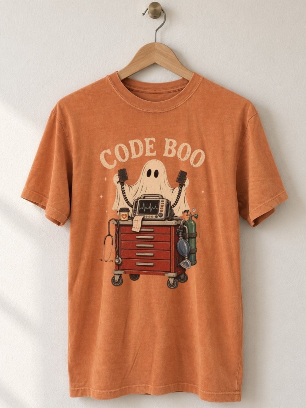 Comfort Colors Code Boo Halloween Ghost Medical Cart Defibrillator T-Shirt